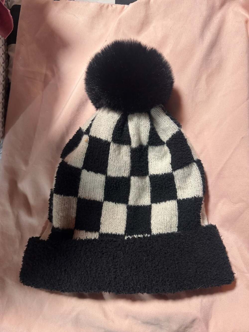 Checkered Beanie With Pom Pom